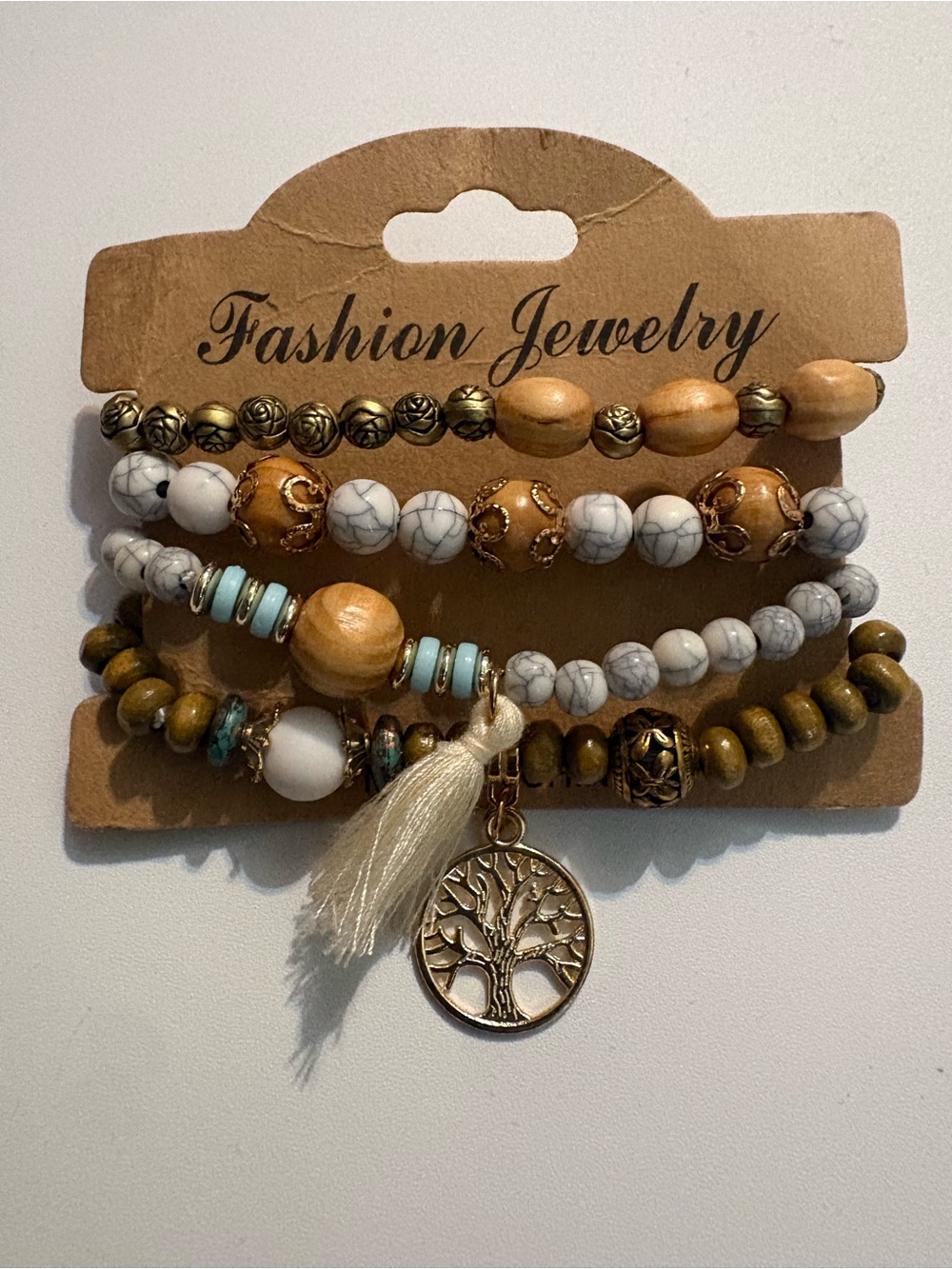 Stacked Bead Bracelet Set with Tree of Life Charm in White, Gold and Tan